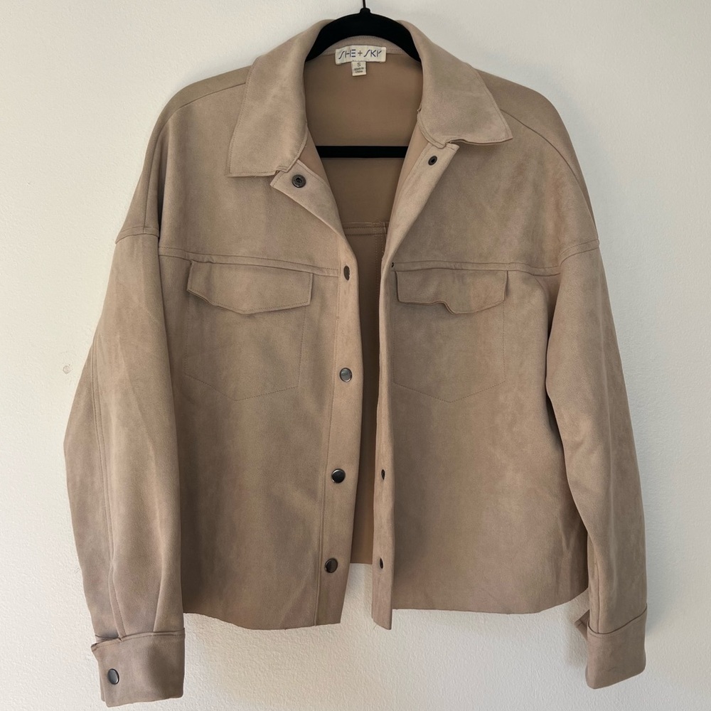 She + Sky Suede Jacket in Tan - Women’s Small Fall Transition Jacket Faux Suede